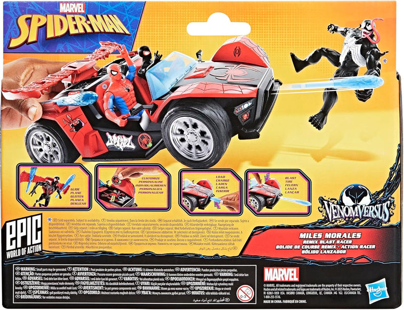 SPIDER-MAN Marvel VenomVersus Epic World of Action Miles Morales Remix Blast Racer 4-Inch (10 CM) Figure & Toy Car, Accessories, Super Hero Toys, 4+